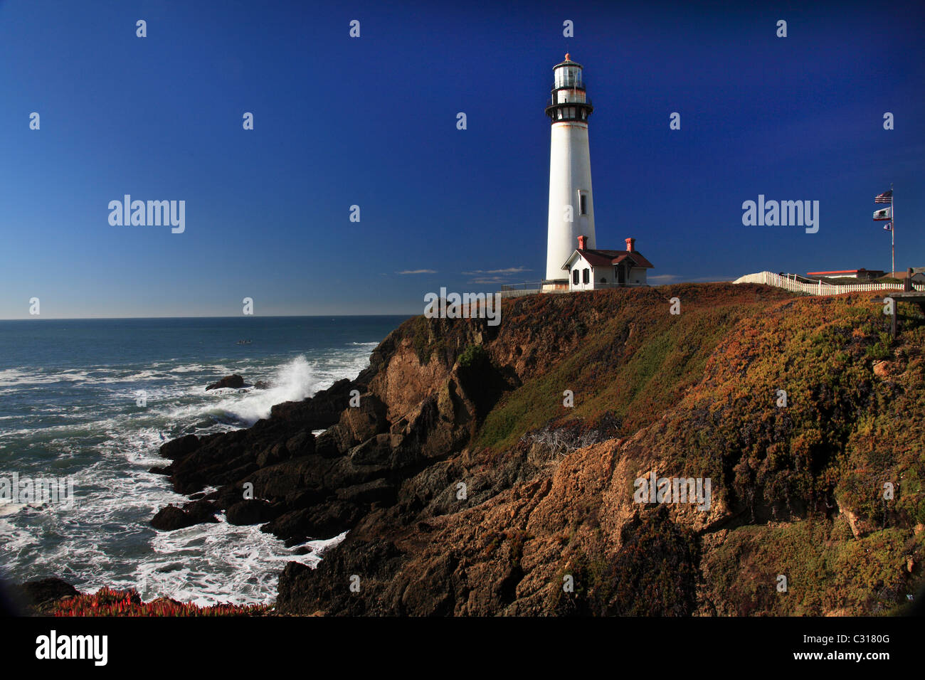 Pigeon Pt. Light Station and coastal cliffs late afternoon, California coast, United States Stock Photo