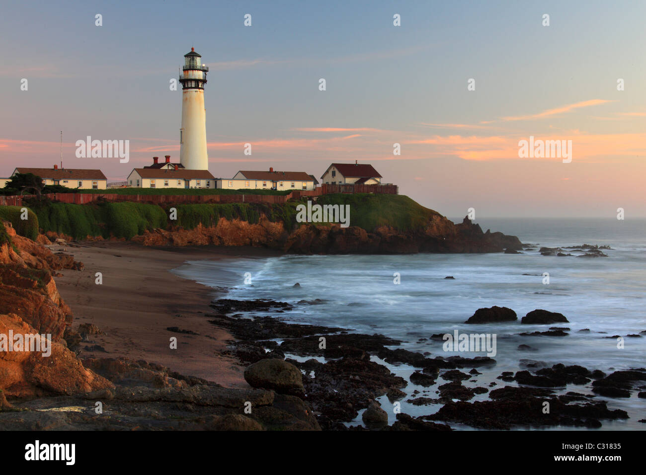 Pigeon Pt. Light Station and coastal cliffs late afternoon, California coast, United States Stock Photo