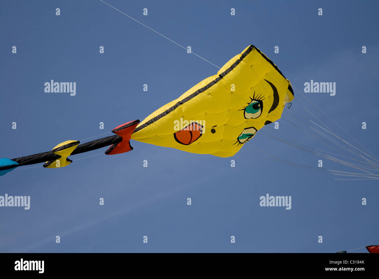 A large happy face kite at Streatham Park, family kite day. Stock Photo