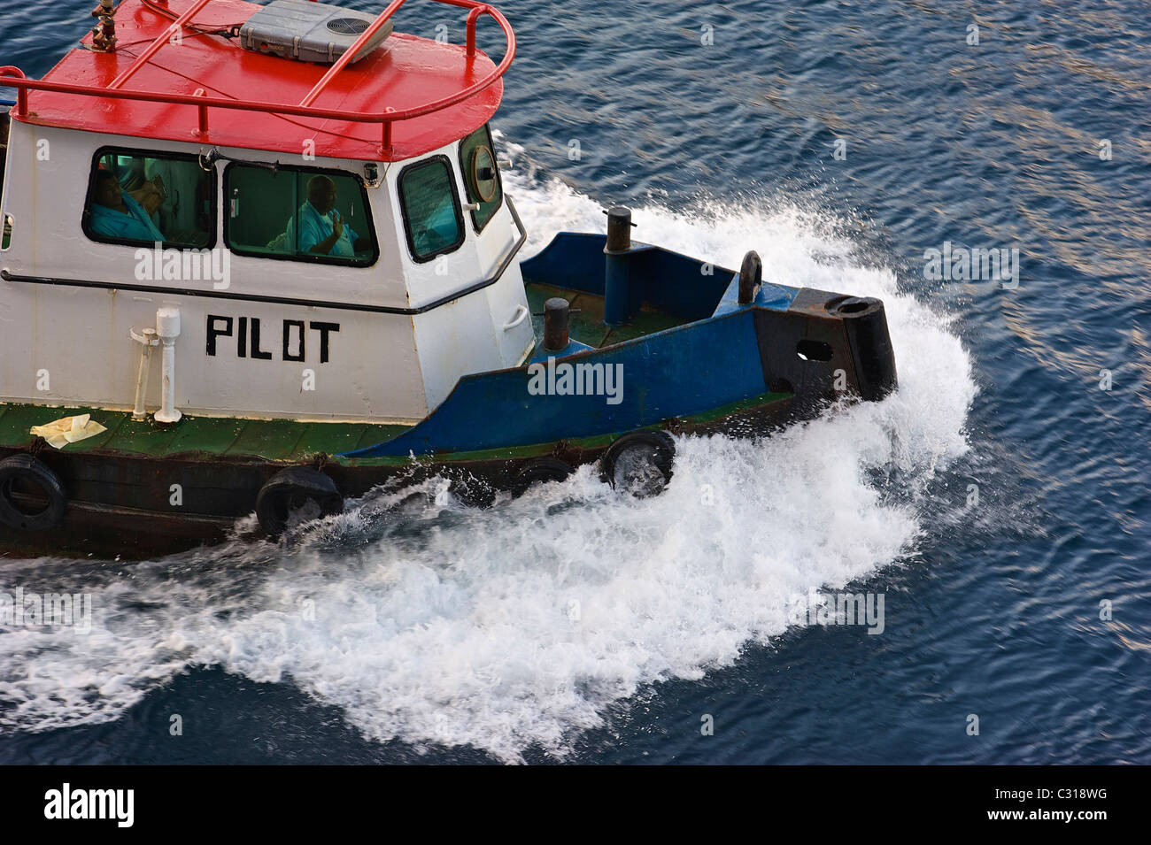 pilot boat on the Panama Canal guiding ships through the canal Stock Photo
