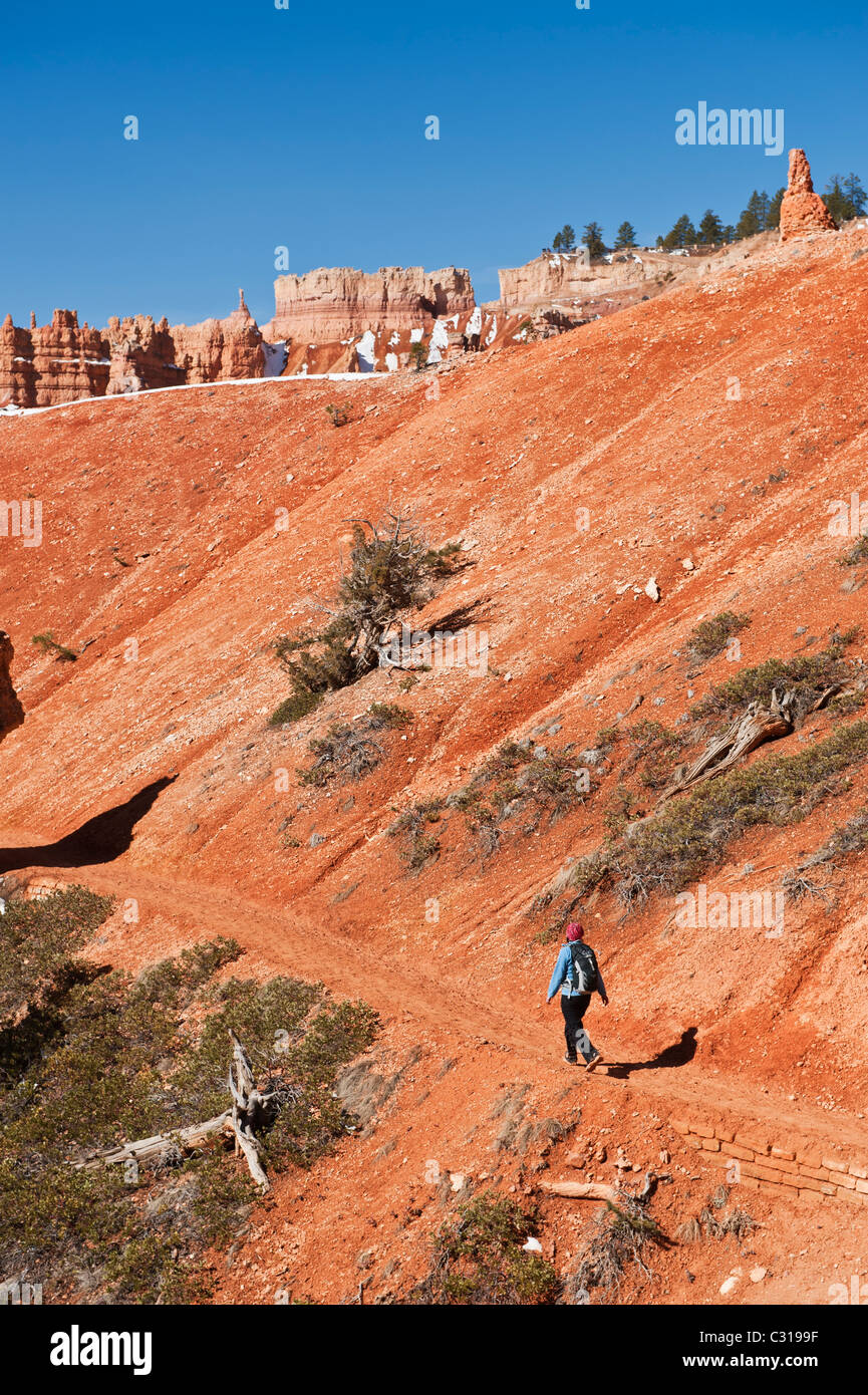 Female hiker on scenic Queens Garden trail, Bryce Canyon national park, Utah, USA Stock Photo