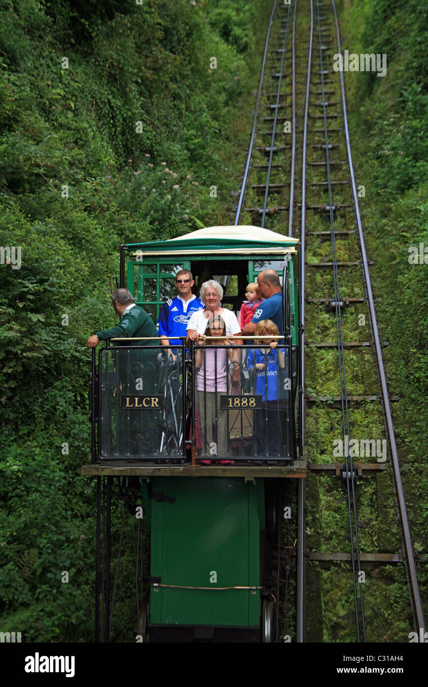 A Lynton & Lynmouth Cliff Railway car arriving at Lynmouth, Devon, England, UK Stock Photo
