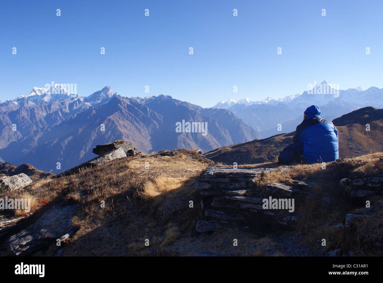 Garhwal Himalayas, India: The scene from the Kuari Pass, one of the most famous viewpoints in the Himalayas. Stock Photo