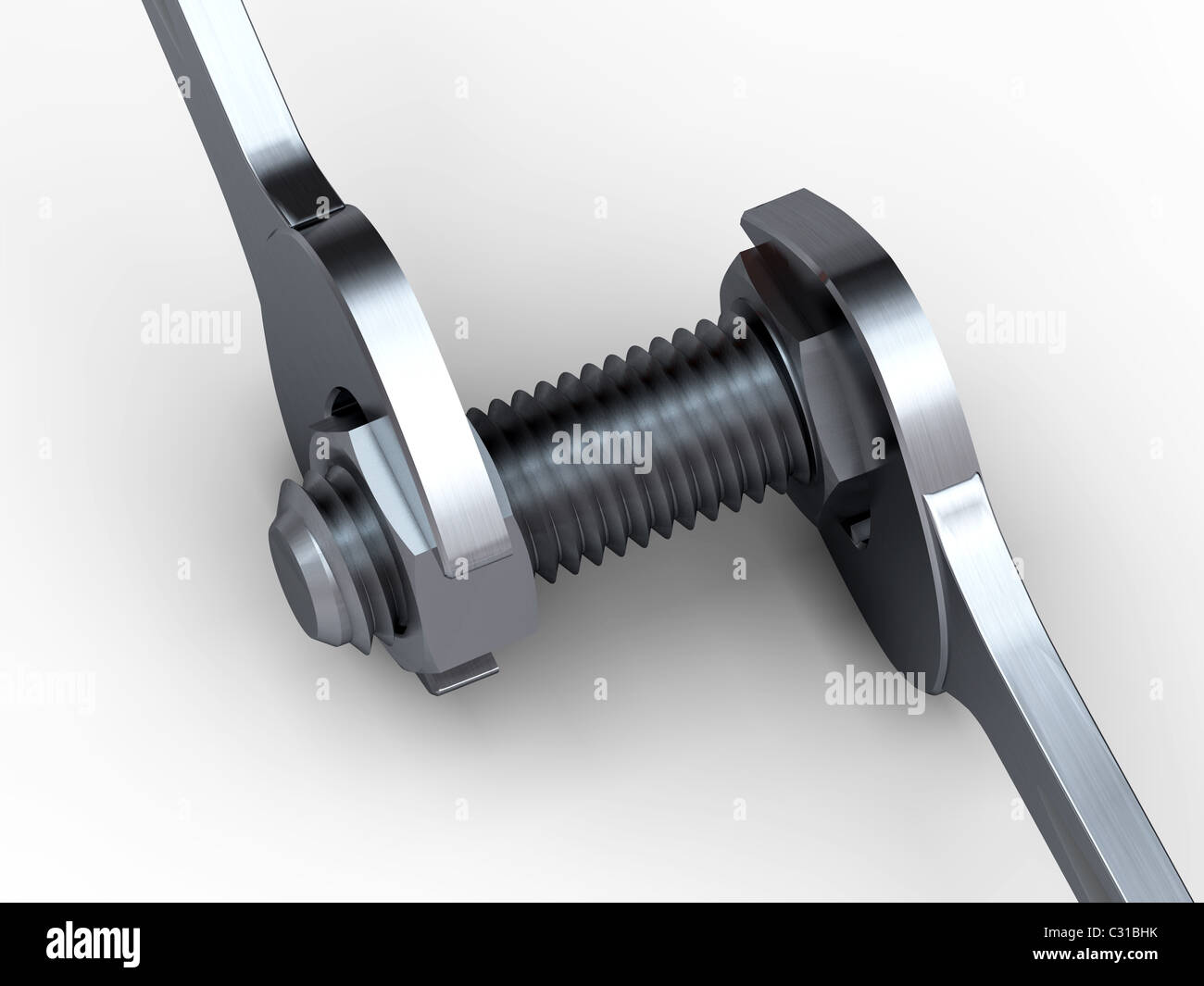 3D rendering of wrench and nuts on white background Stock Photo