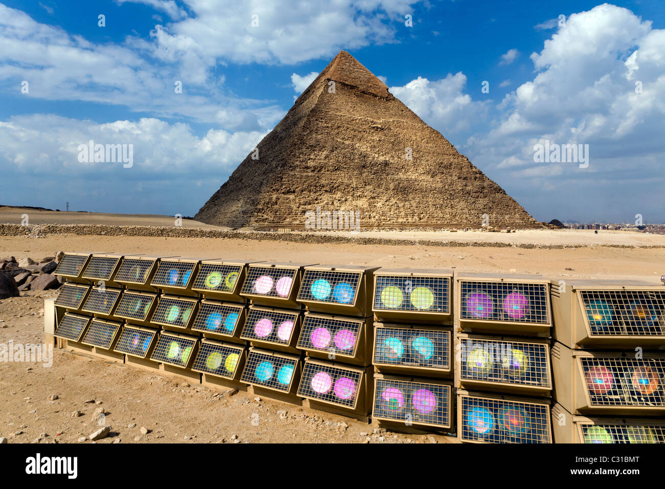 The Pyramid of Chephren, Khafra, AT GIZA, WITH LIGHTS IN FRONT FOR THE NIGHT SHOWS Stock Photo