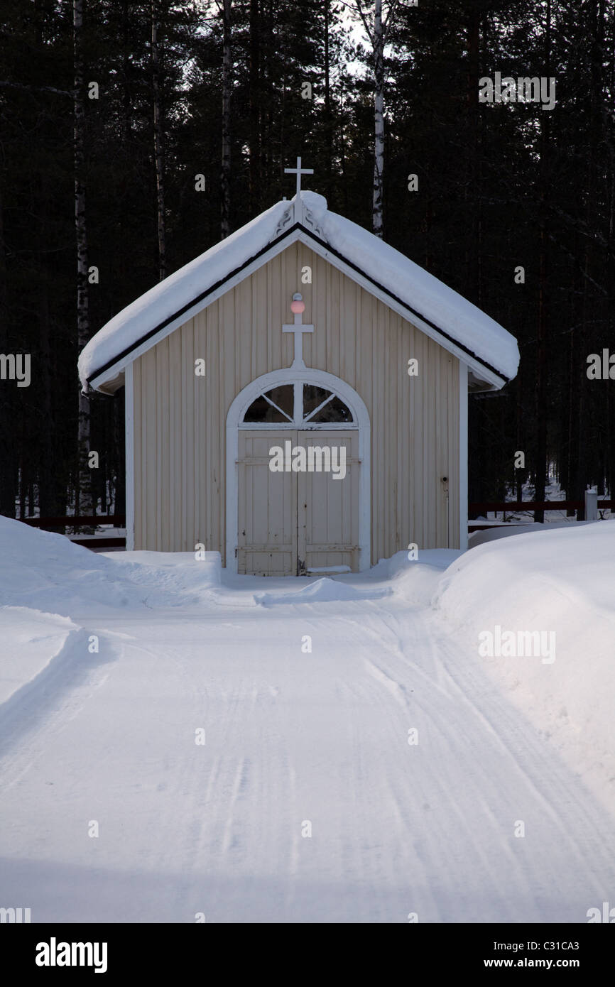 Wooden Chapel at Langtrask Church near Arvidsjaur in the snow Stock Photo