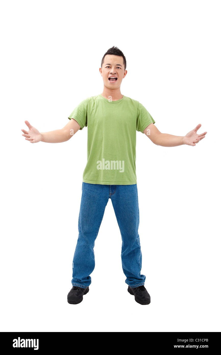 young man with arms open and Stock Photo Alamy
