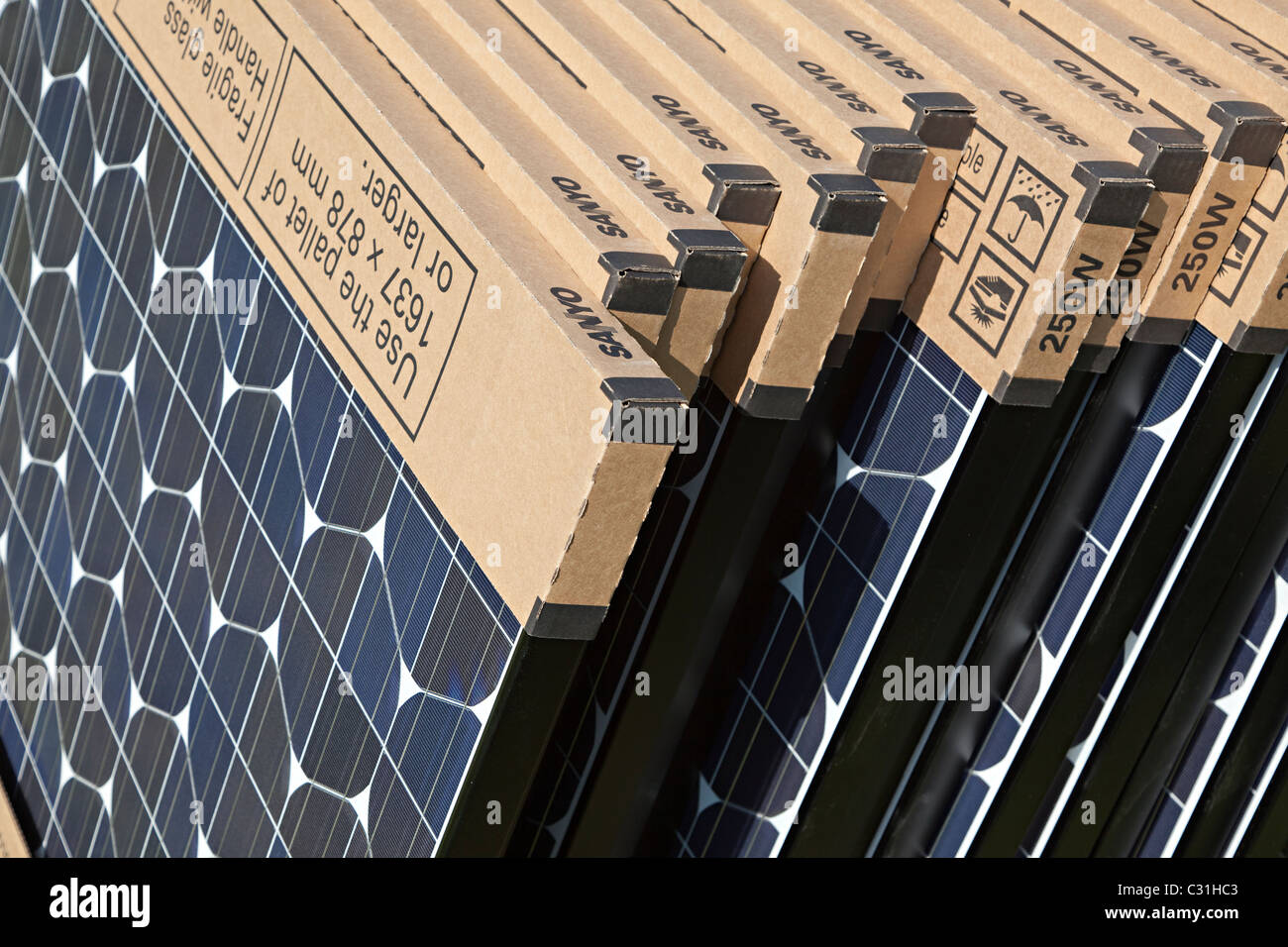 Sanyo high capacity solar pv photovoltaic panels in packaging UK Stock Photo