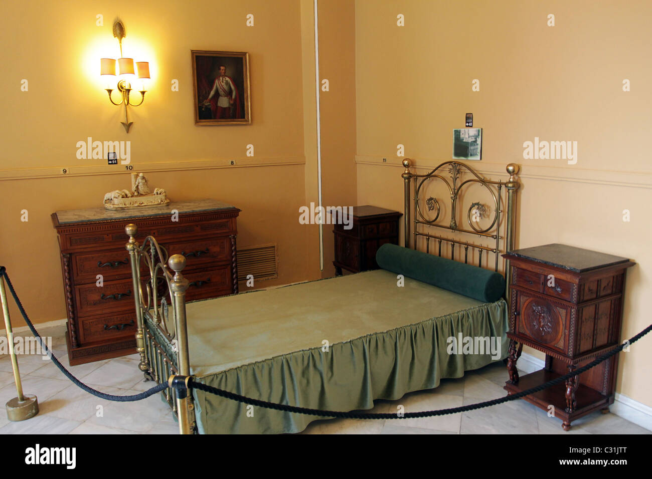 A BEDROOM IN THE ACHILLEION PALACE, THE FORMER SUMMER RESIDENCE OF EMPRESS ELIZABETH OF AUSTRIA, CALLED SISSI, CORFU, GREECE Stock Photo