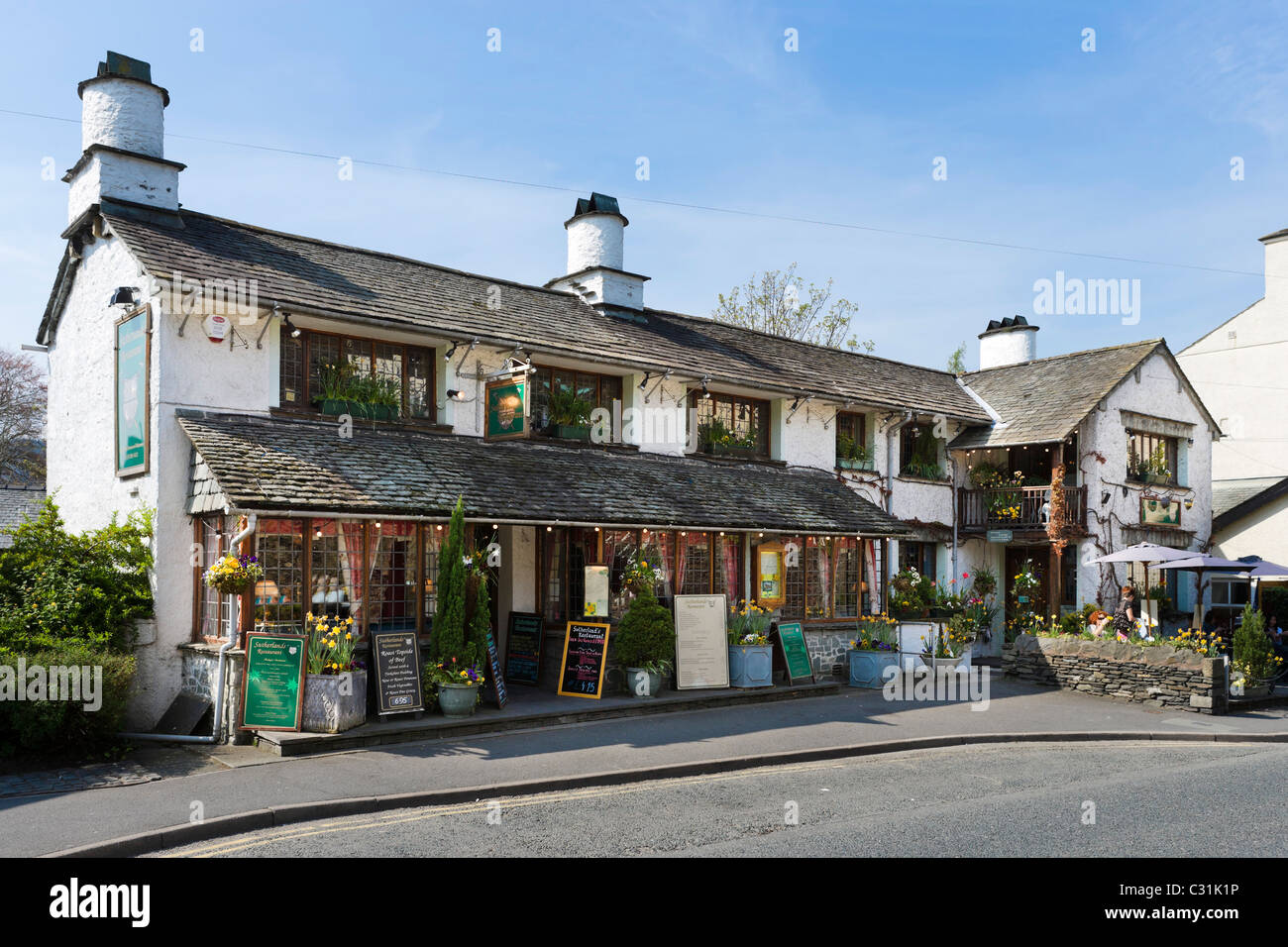 Traditional restaurant in the village centre, Bowness, Lake Windermere, Lake District National Park, Cumbria, UK Stock Photo