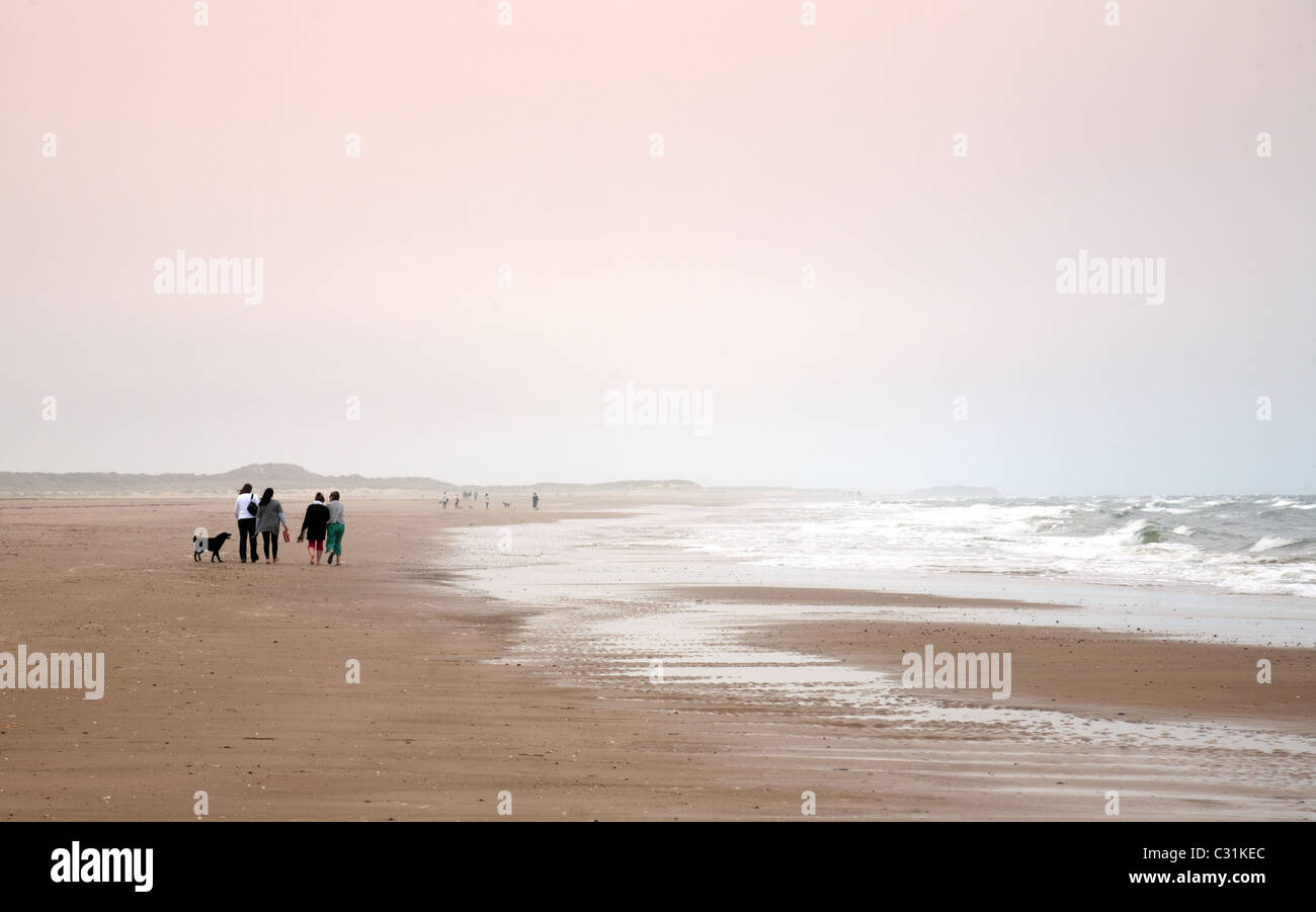 Norfolk beach; A family walking their dog in the distance on Holkham beach, North Norfolk coast UK Stock Photo