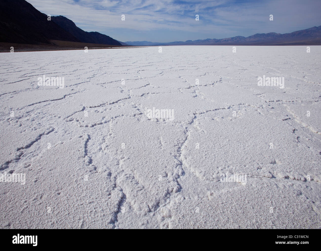 Badwater dry salt lake bed (salt flats) - Death Valley, California USA Stock Photo