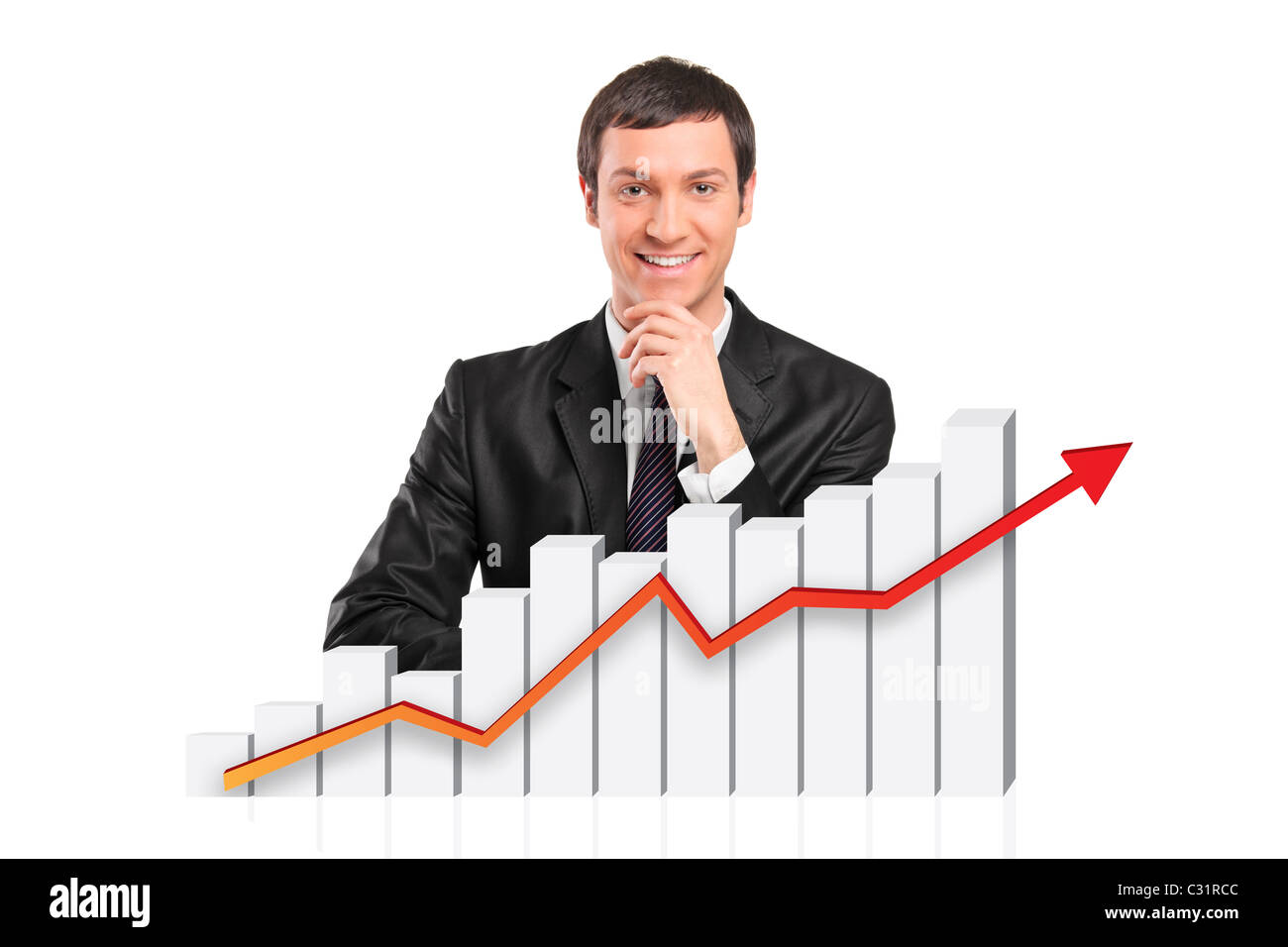 Smiling businessman behind a 3d rendered financial graph Stock Photo ...