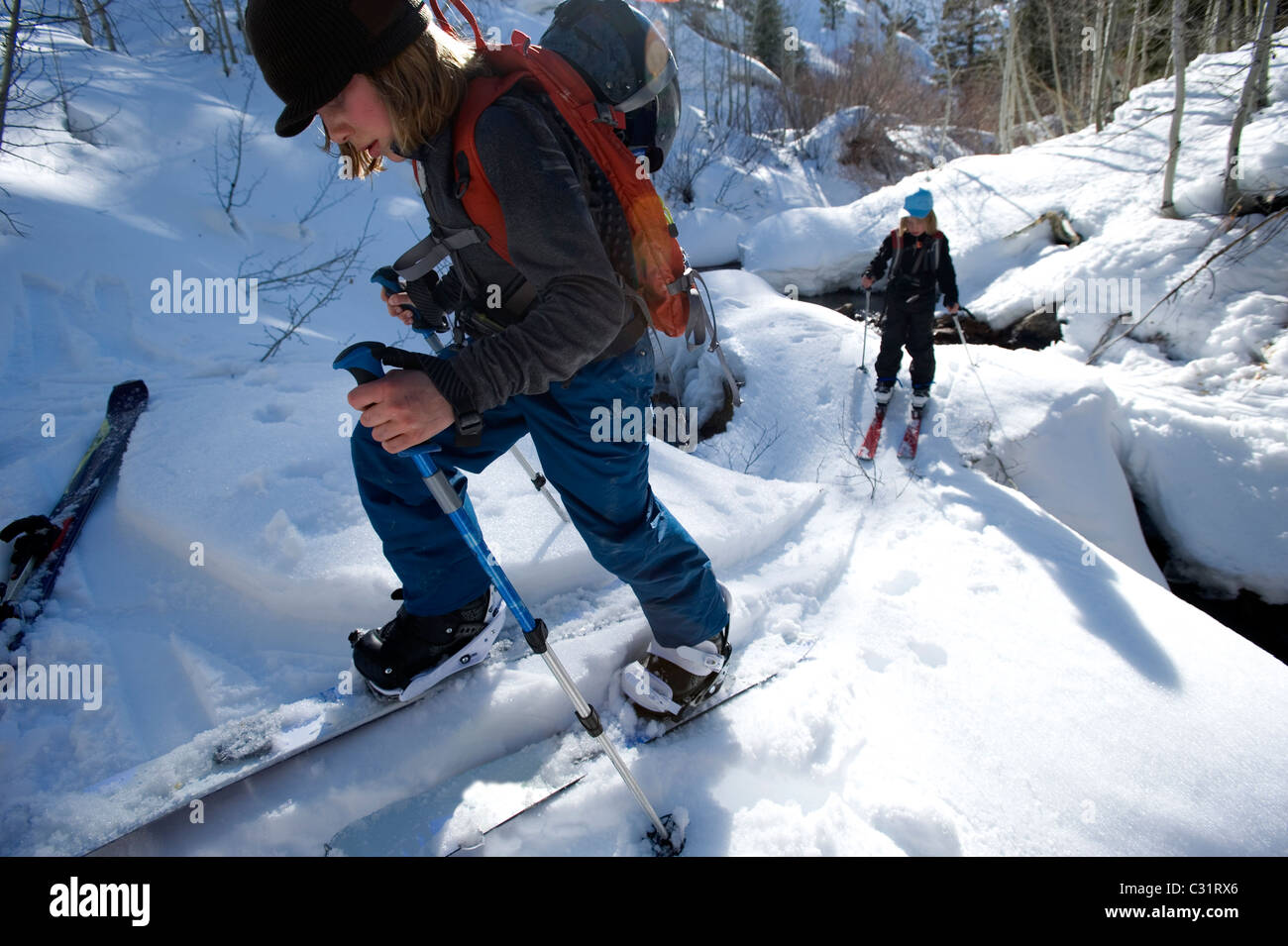 Two brothers hike in the California backcountry Stock Photo Alamy