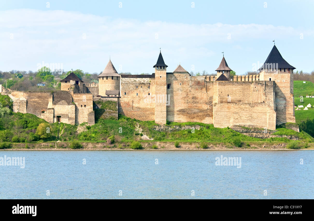 Spring view of Khotyn Fortress on Dniester riverside (Chernivtsi Oblast, Ukraine). Stock Photo