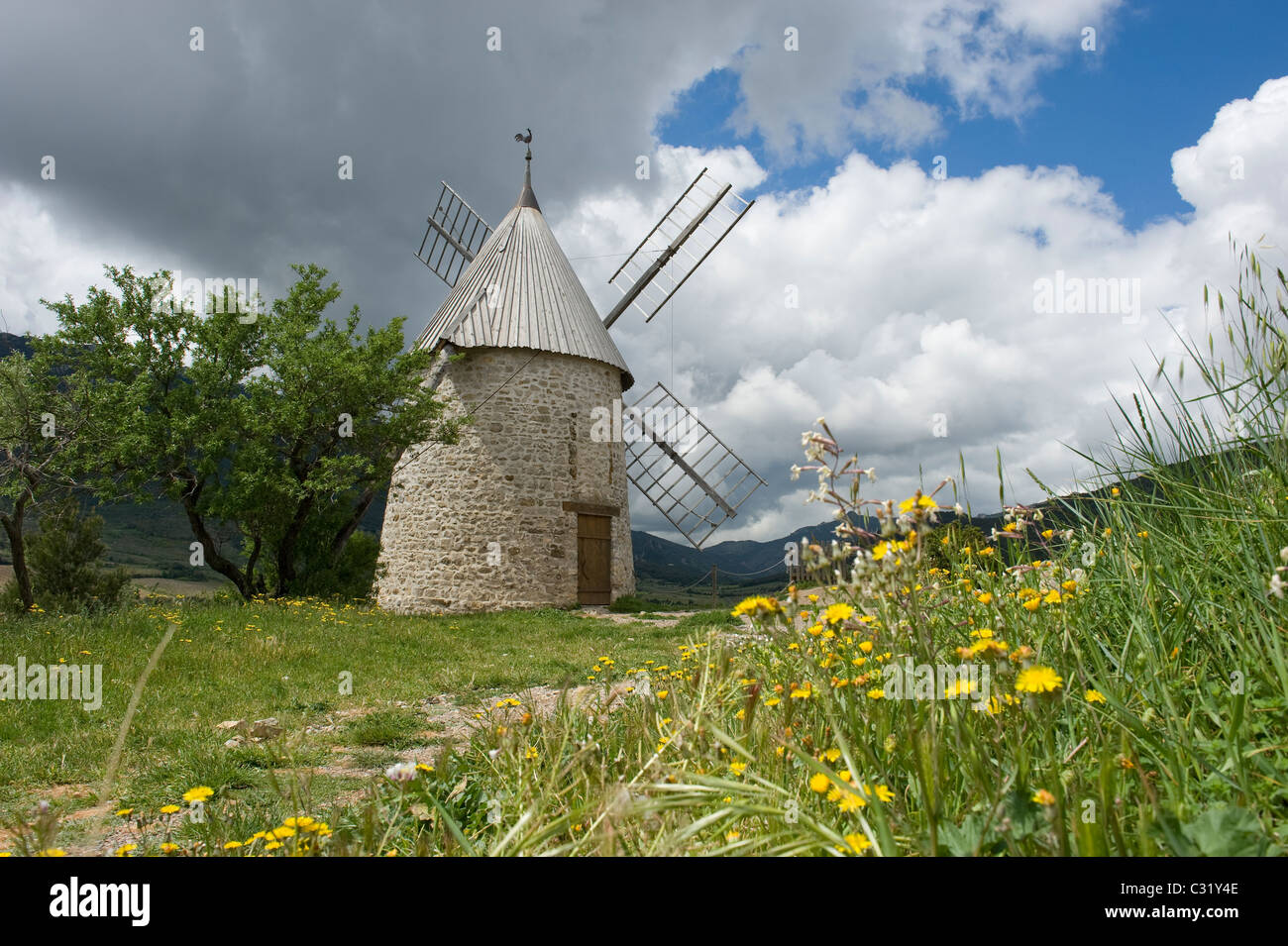 The 'Moulin d'Omer' at the village of Cucugnan in the French Corbières was made famous by Alphonse Daudet's Lettres from my mill Stock Photo