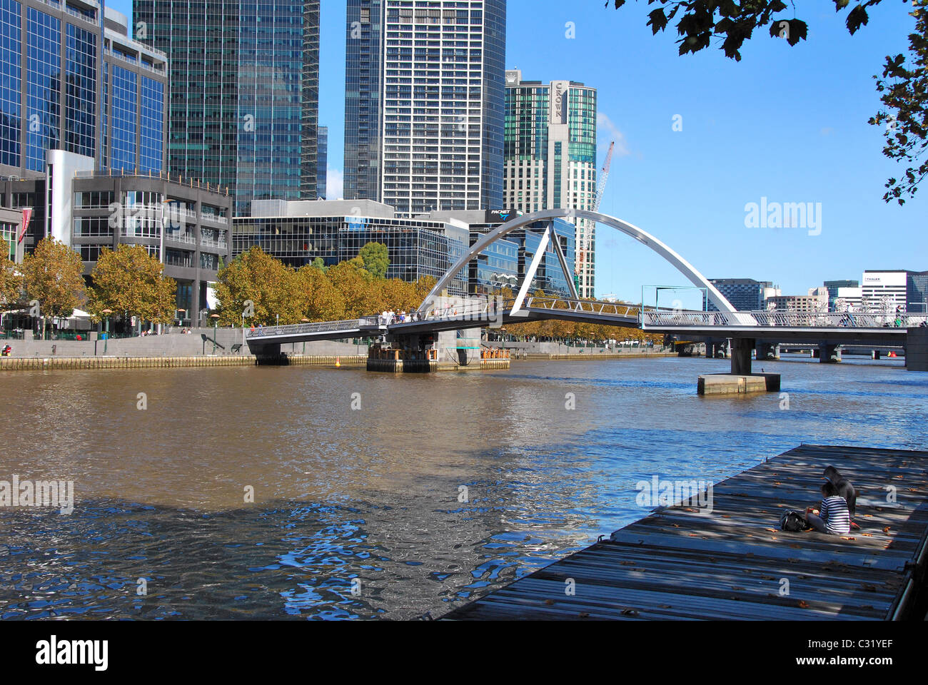 The south bank of the Yarra River and Pedestrian bridge central Melbourne Australia Stock Photo