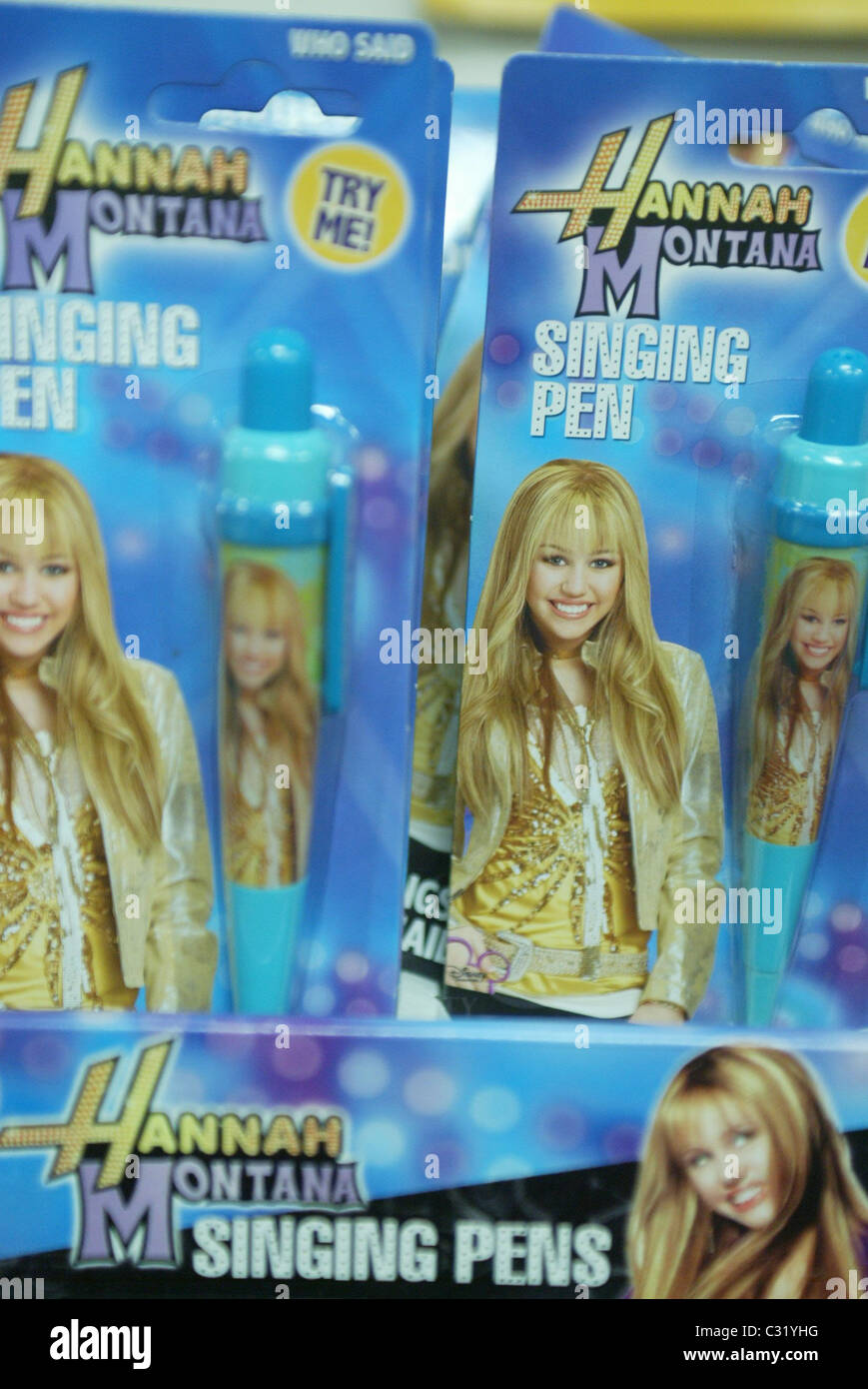 Hannah Montana television alter ego of Miley Cyrus depicted on 'singing  pens' Washington DC, USA - 20.10.08 Stock Photo - Alamy