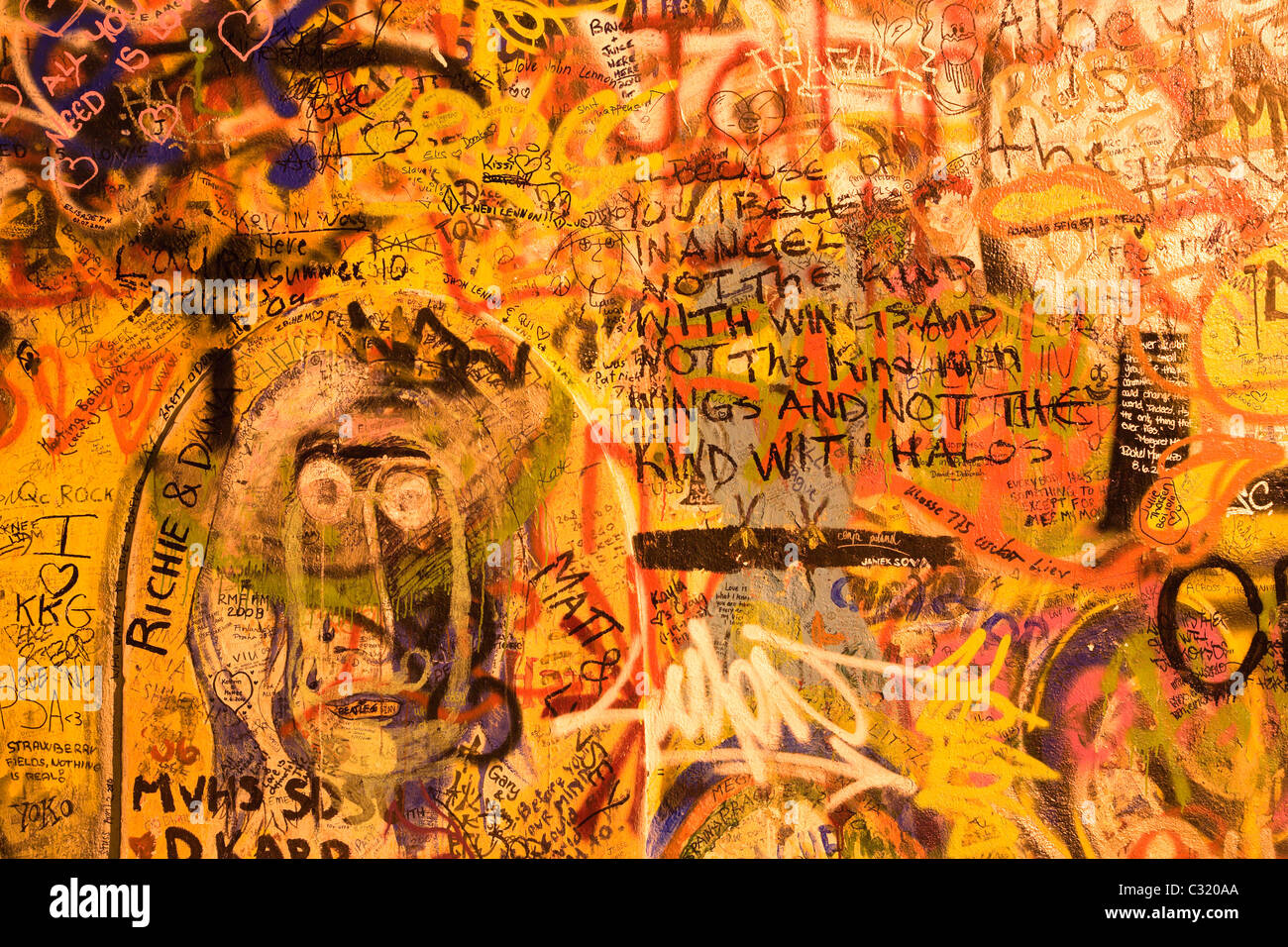 Prague  - detail of Lennon wall in the night Stock Photo
