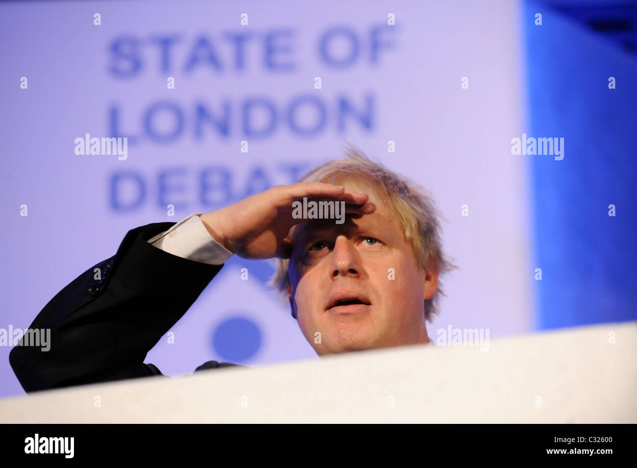 London Mayor Boris Johnson at the State of London Debate, Queen Elizabeth II conference hall. Stock Photo