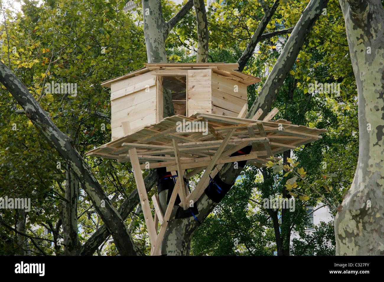 Japanese Artist Tadashi Kawamata Installs Tree Houses In Madison Stock Photo Alamy
