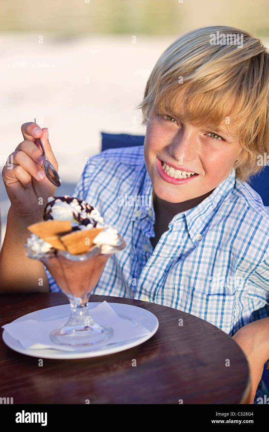 Boy with an ice cream sundae Stock Photo