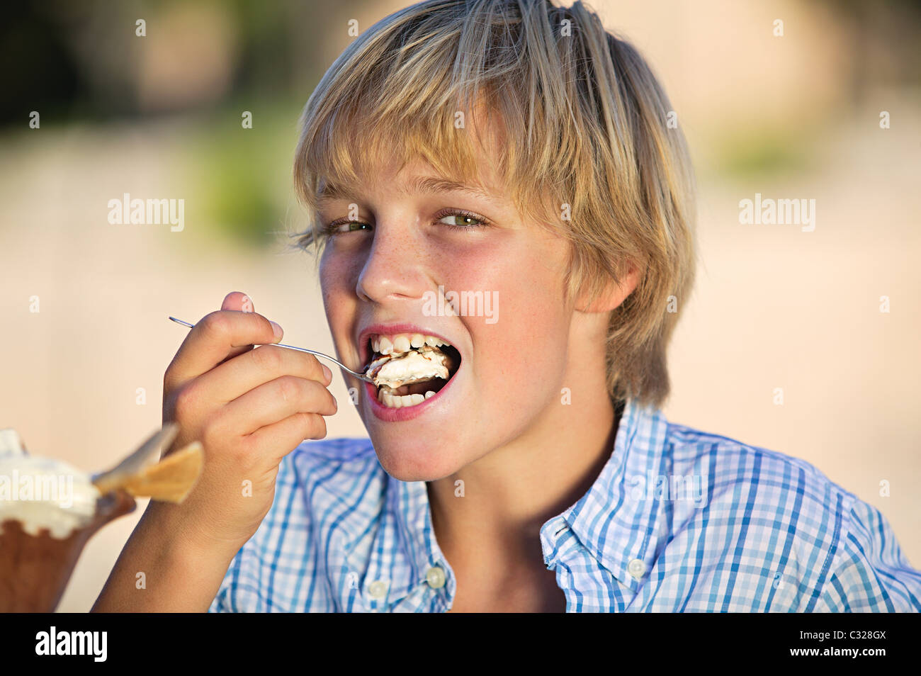 Boy eating ice cream Stock Photo
