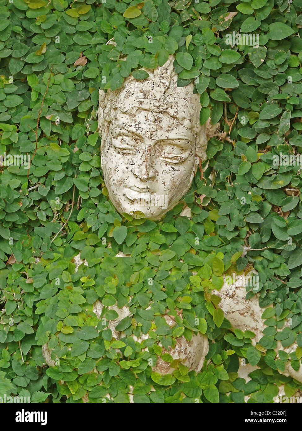 Old Sculpture in a Garden wrapped with creeping plant, Sarasbaug, Pune, Maharashtra, India Stock Photo
