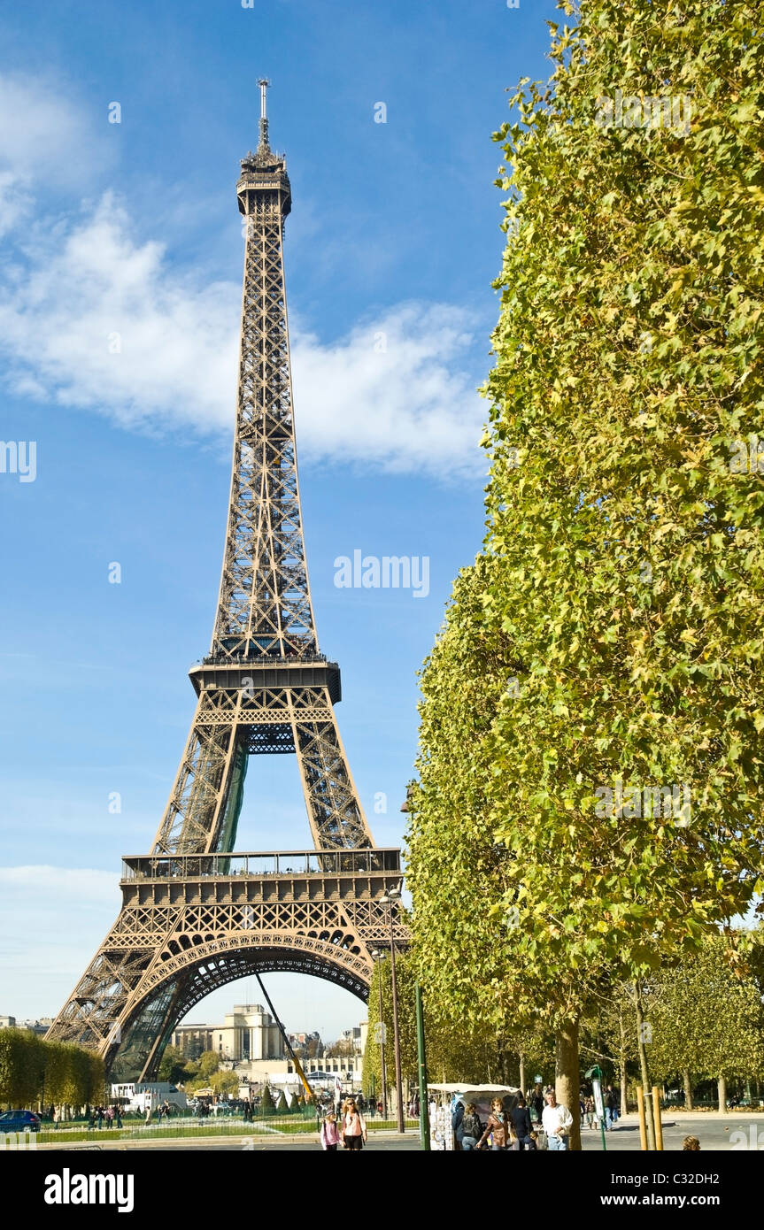 View of the Eiffel Tower from the Parc du Champ de Mars, Paris. Stock Photo