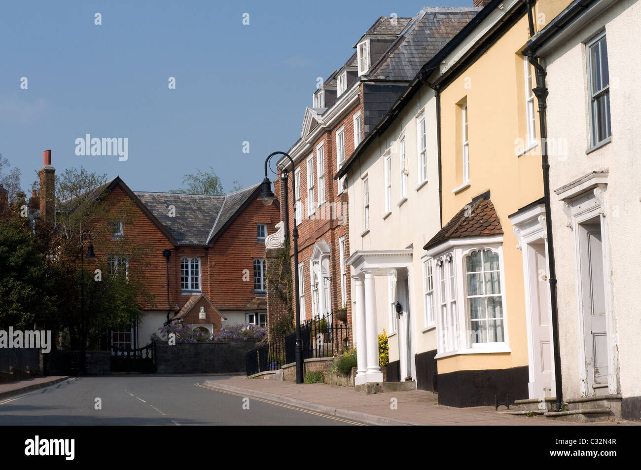 Ottery st Mary,Devon, houses, street, brickwork, old lamppost, windows