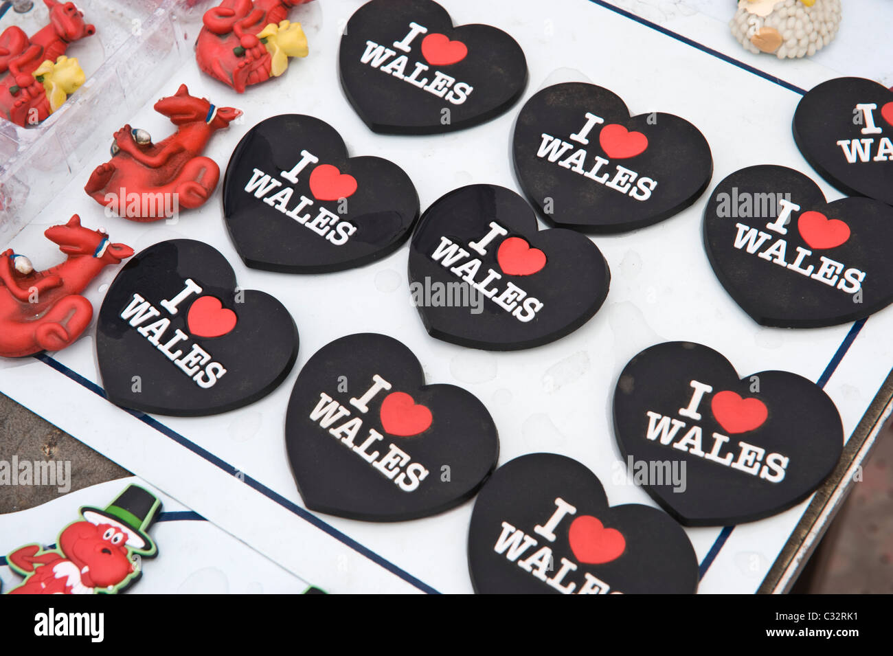 I LOVE WALES souvenir fridge magnets for sale at National Eisteddfod 2010 Ebbw Vale Blaenau Gwent South Wales UK Stock Photo