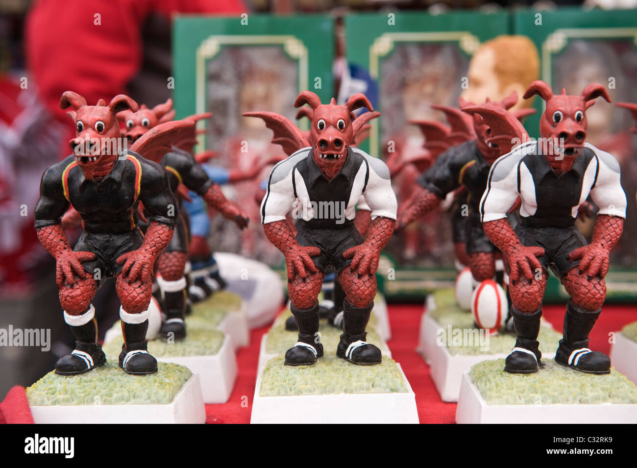Ceramic souvenir rugby dragons for sale at National Eisteddfod 2010 Ebbw Vale Blaenau Gwent South Wales UK Stock Photo