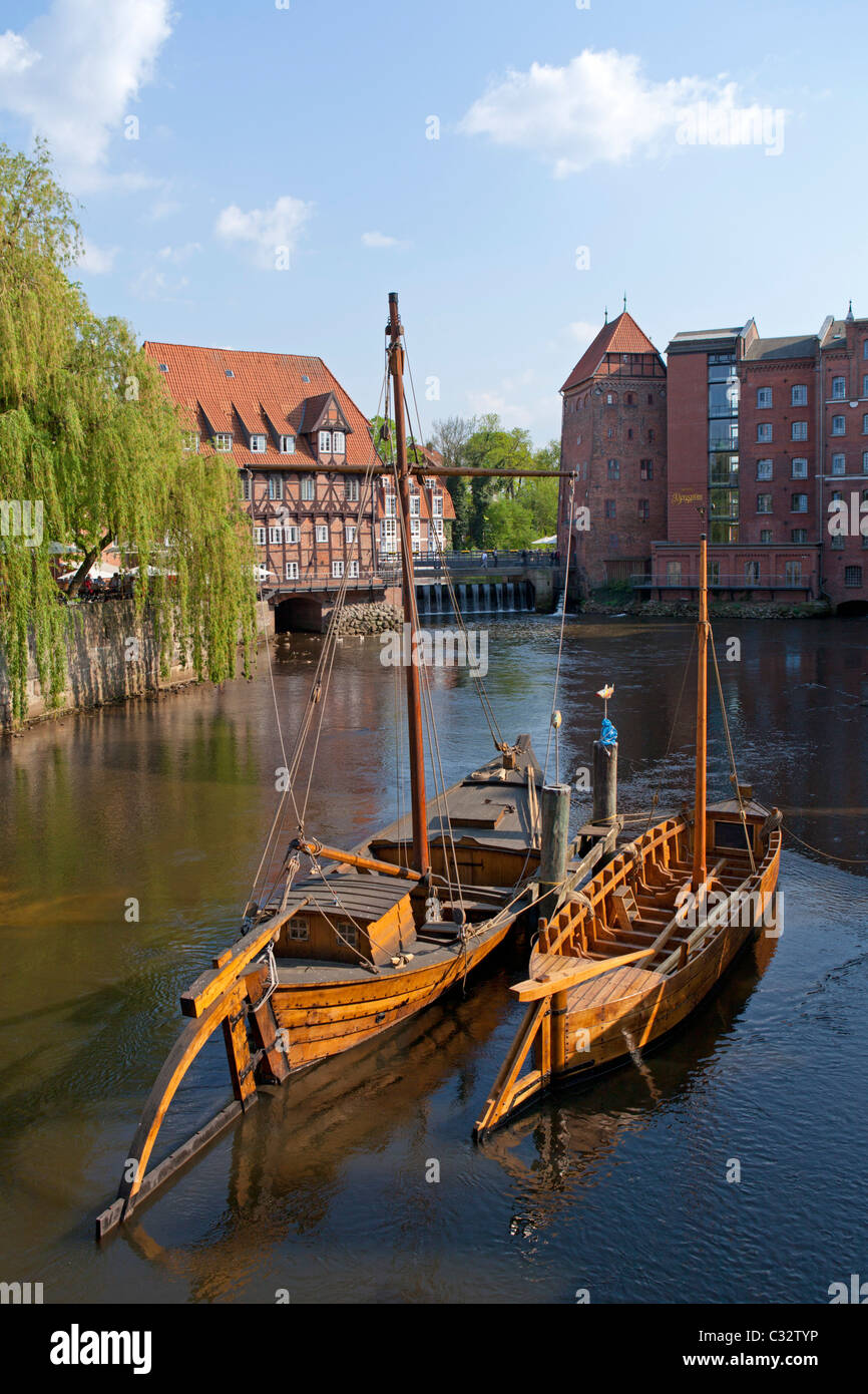 sculler and pram in the old harbour, Lueneburg, Lower Saxony, Germany Stock Photo