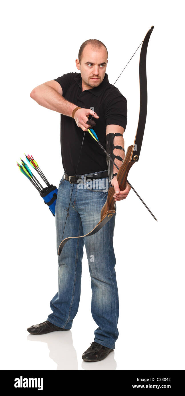 standing caucasian man with bow and arrows Stock Photo