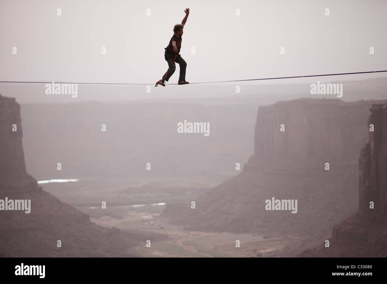 Andy Lewis working on a world record highline, three hundred and forty feet long, at the Fruit