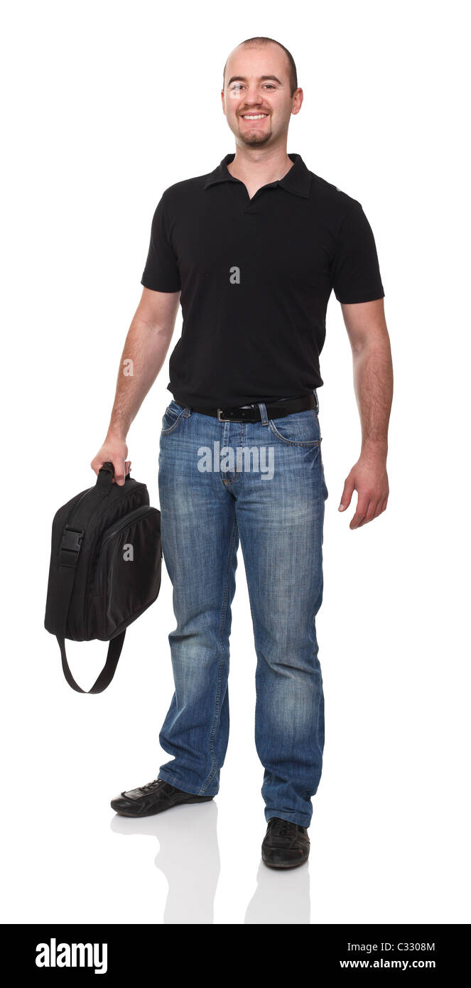fine portrait of man with bag isolated on white Stock Photo