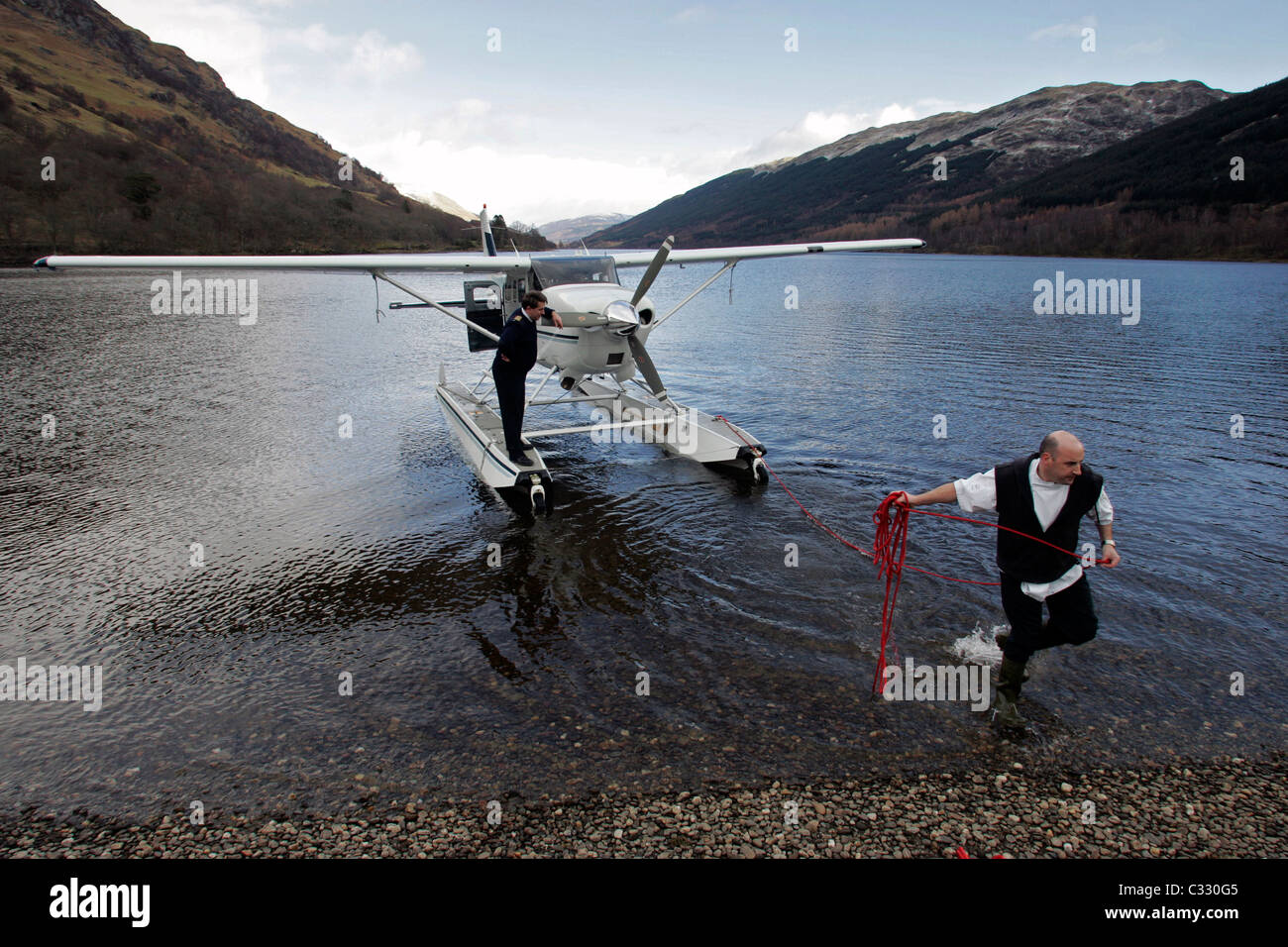 One of Loch Lomond Seaplanes aircraft on the water at Loch Voil. Stock Photo