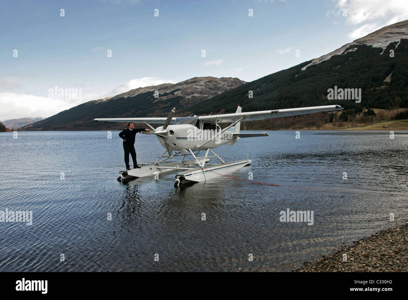 One of Loch Lomond Seaplanes aircraft on the water at Loch Voil. Stock Photo