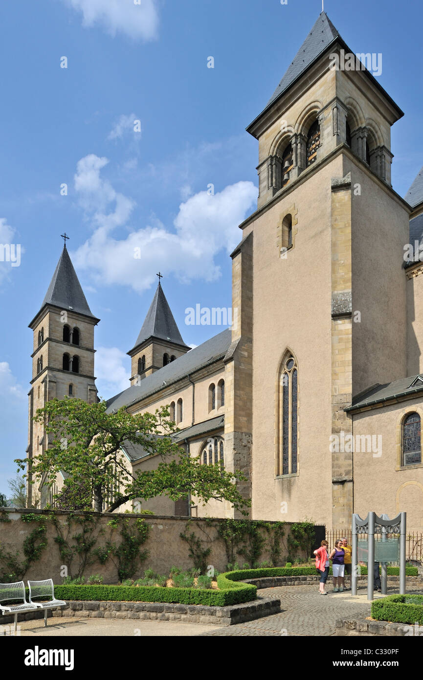 The garden pavilion Parlodrome and the basilica of Saint Willibrord at Echternach, Grand Duchy of Luxembourg Stock Photo