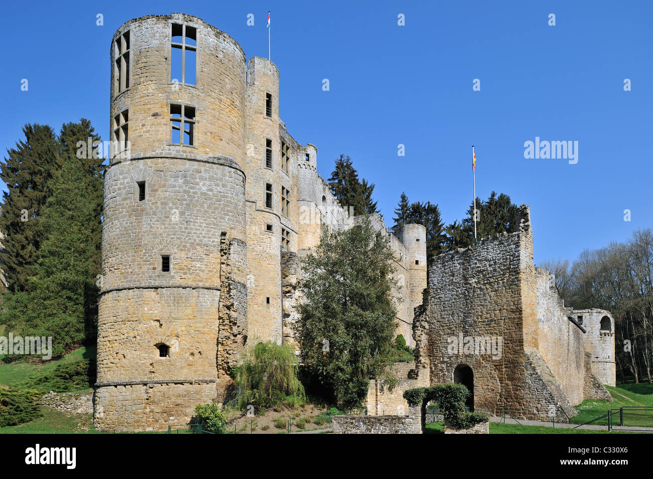 Ruins of the medieval fortress Beaufort Castle in Little Switzerland / Mullerthal, Grand Duchy of Luxembourg Stock Photo