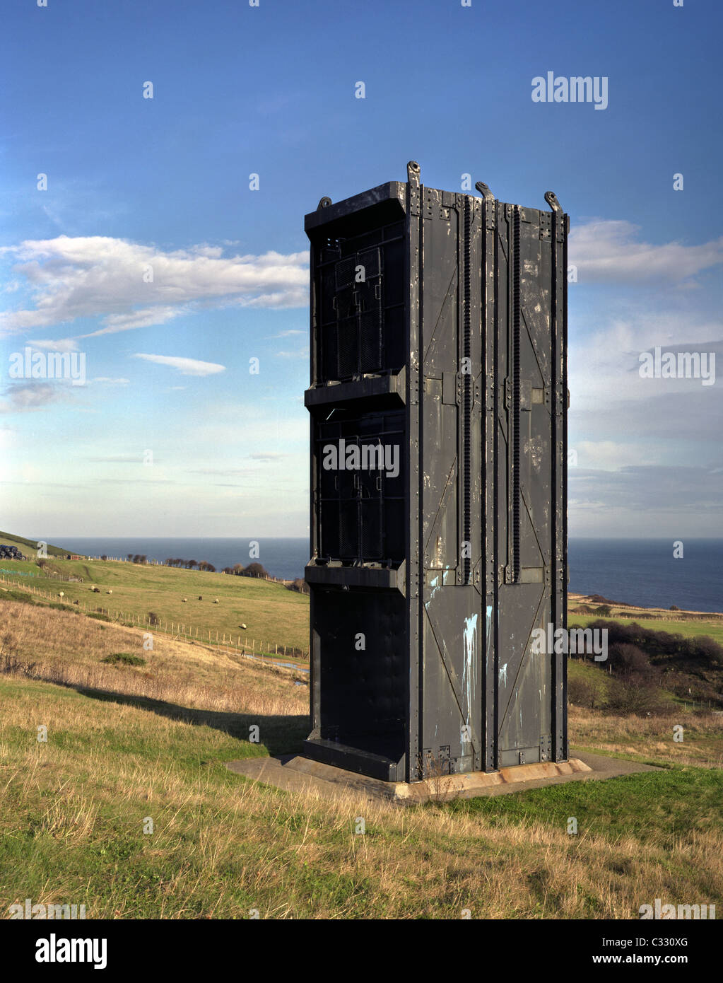 Miners cage lift that was used at Easington Colliery, County Durham. This is now a memorial to the miners. Stock Photo