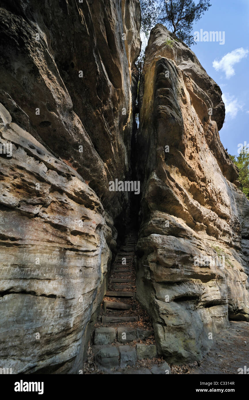 Stairs leading through narrow gorge in rock formation Perekop at Berdorf, Little Switzerland / Mullerthal, Luxembourg Stock Photo