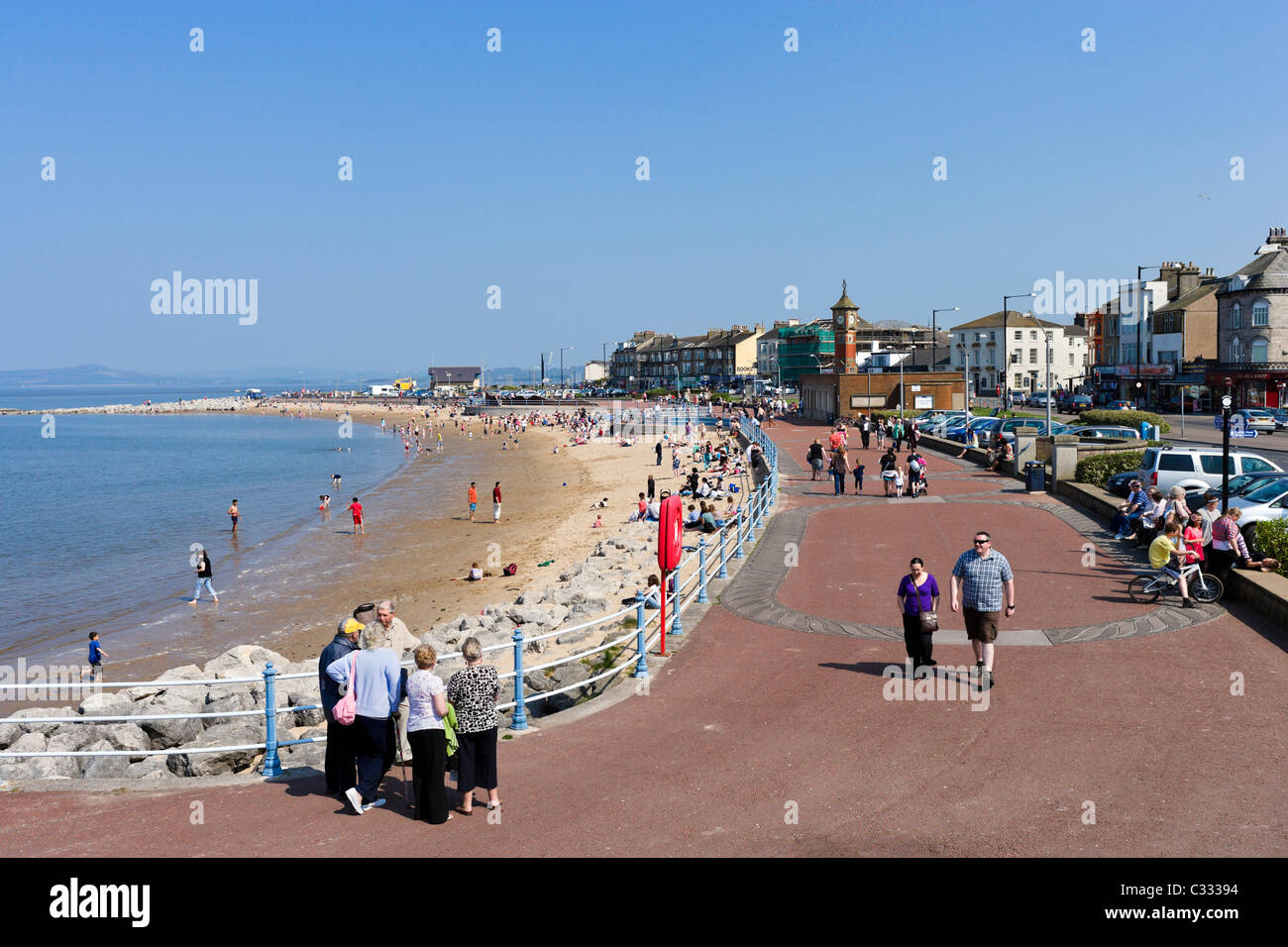 Seafront promenade and beach in the seaside resort of Morecambe Stock