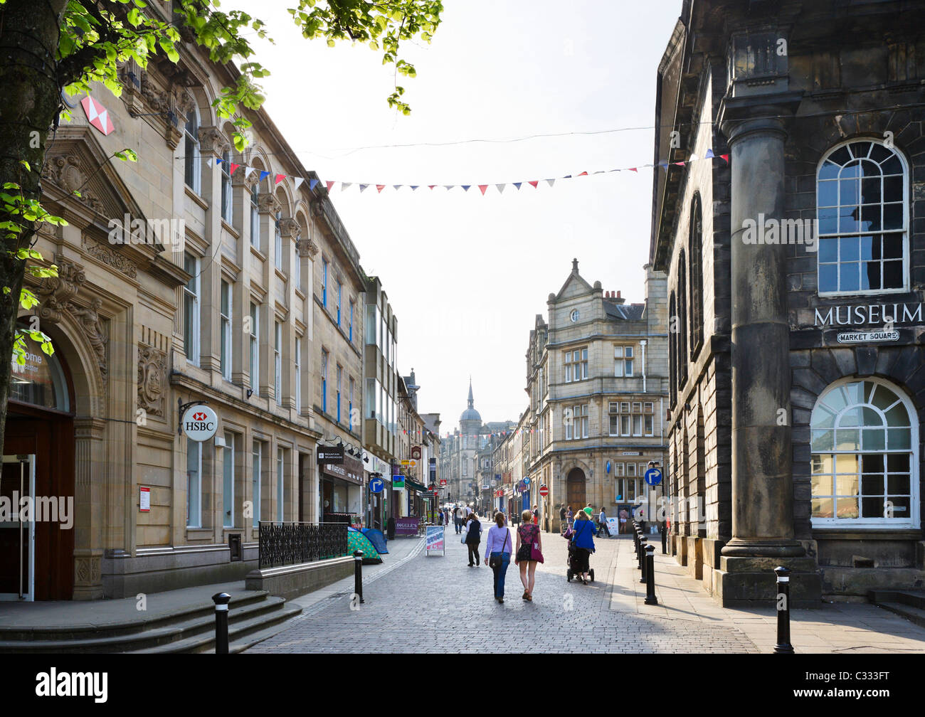 View down Market Street from Market Square in the historic city centre, Lancaster, Lancashire, UK Stock Photo