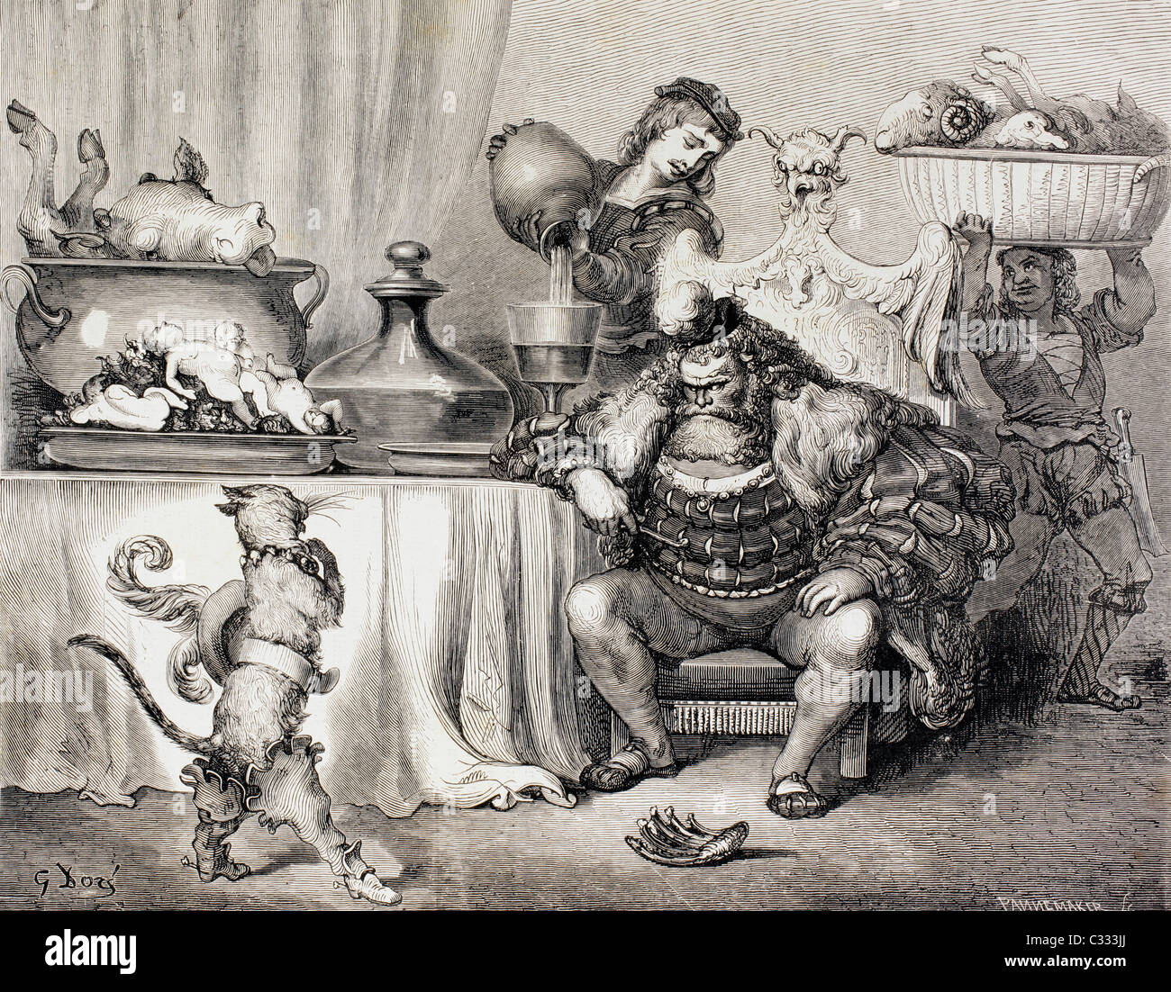 Scene from Puss in Boots by Charles Perrault. Puss meets the ogre. After a work by Gustave Dore. Stock Photo