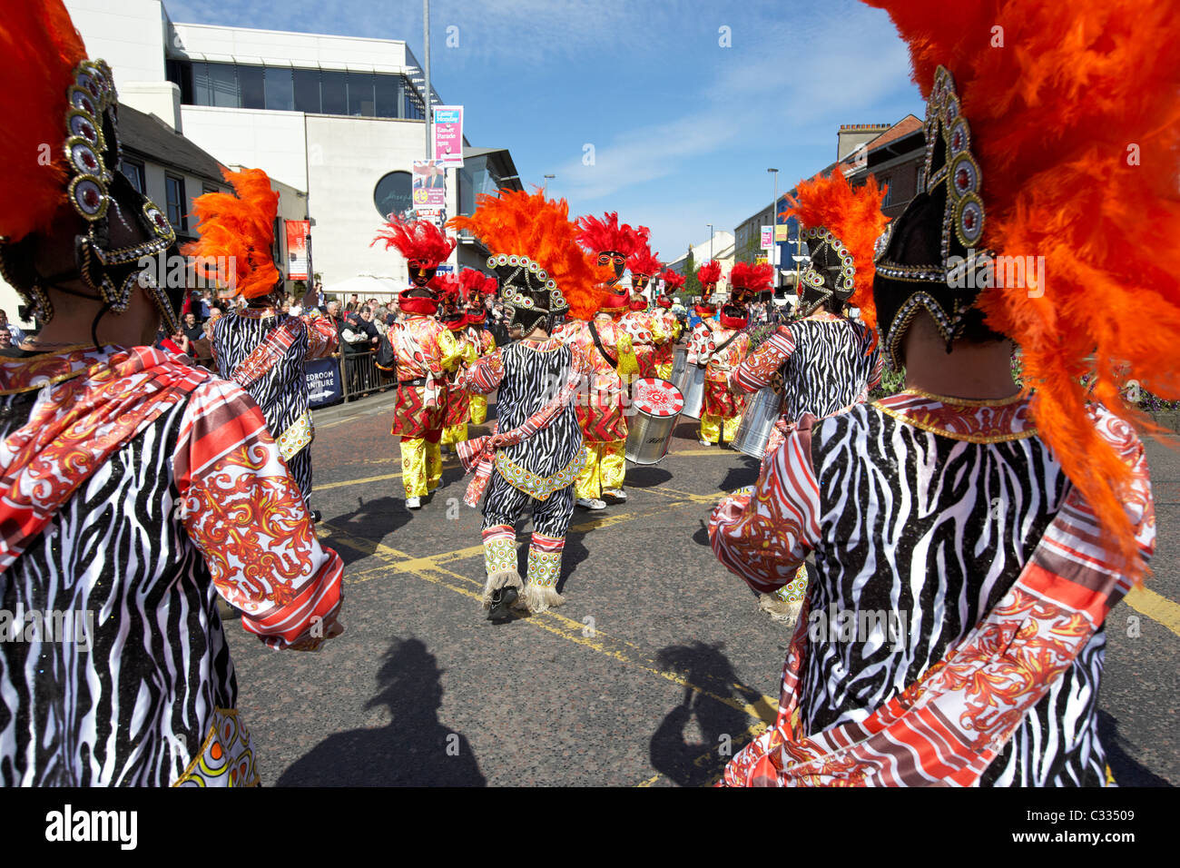 maSamba Samba school band from Dublin perform in a parade in bangor uk Stock Photo