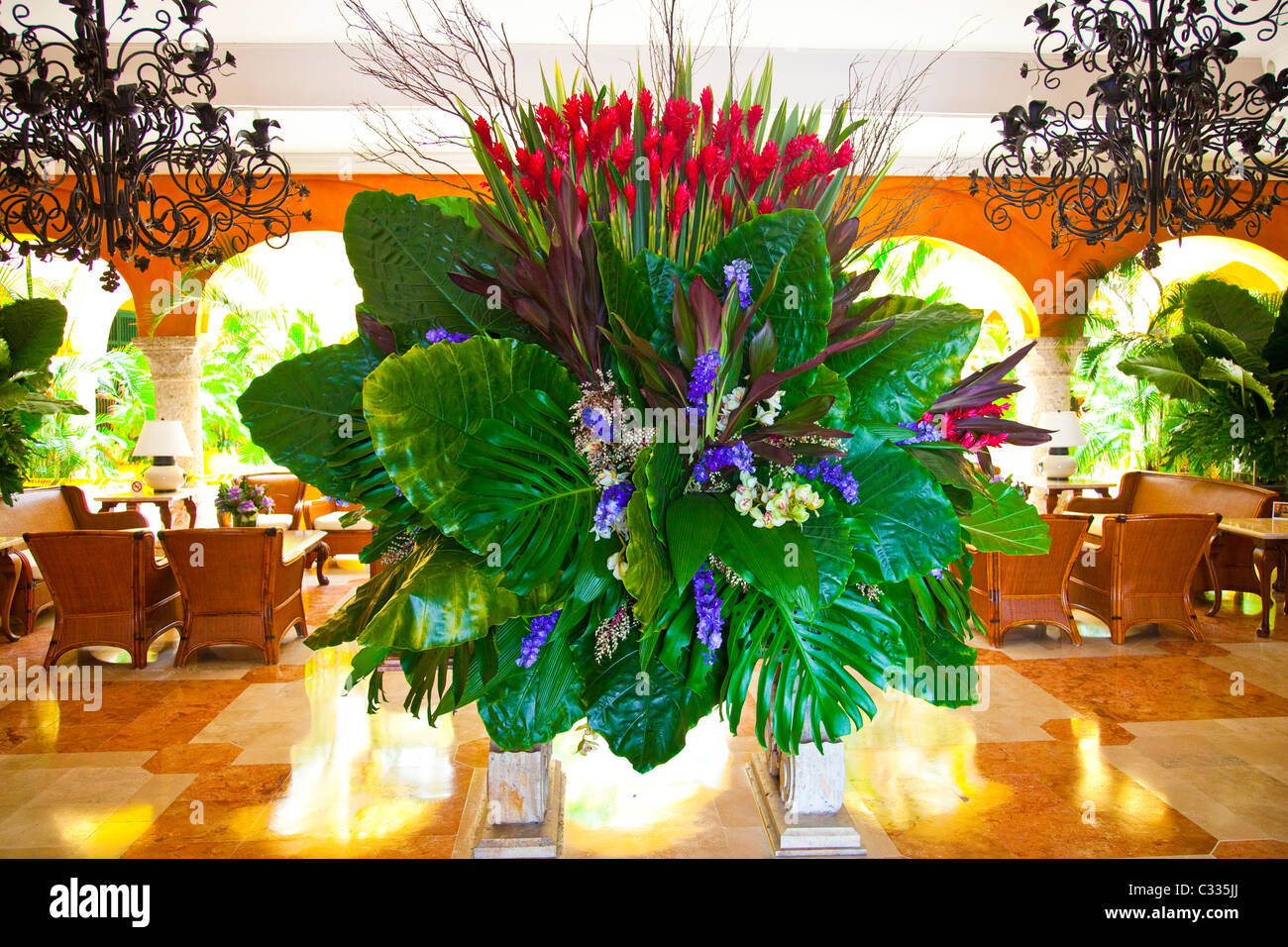 Massive floral arrangement at the Hotel Charleston in old town Cartagena, Colombia Stock Photo