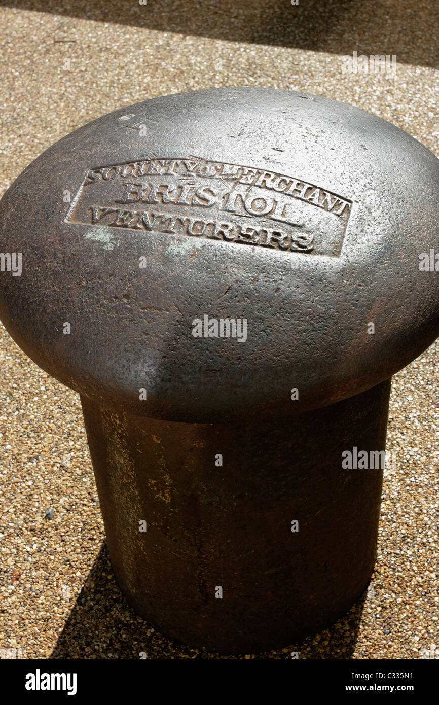An old dockside mooring capstan bearing the legend 'Society of Merchant Venturers Bristol