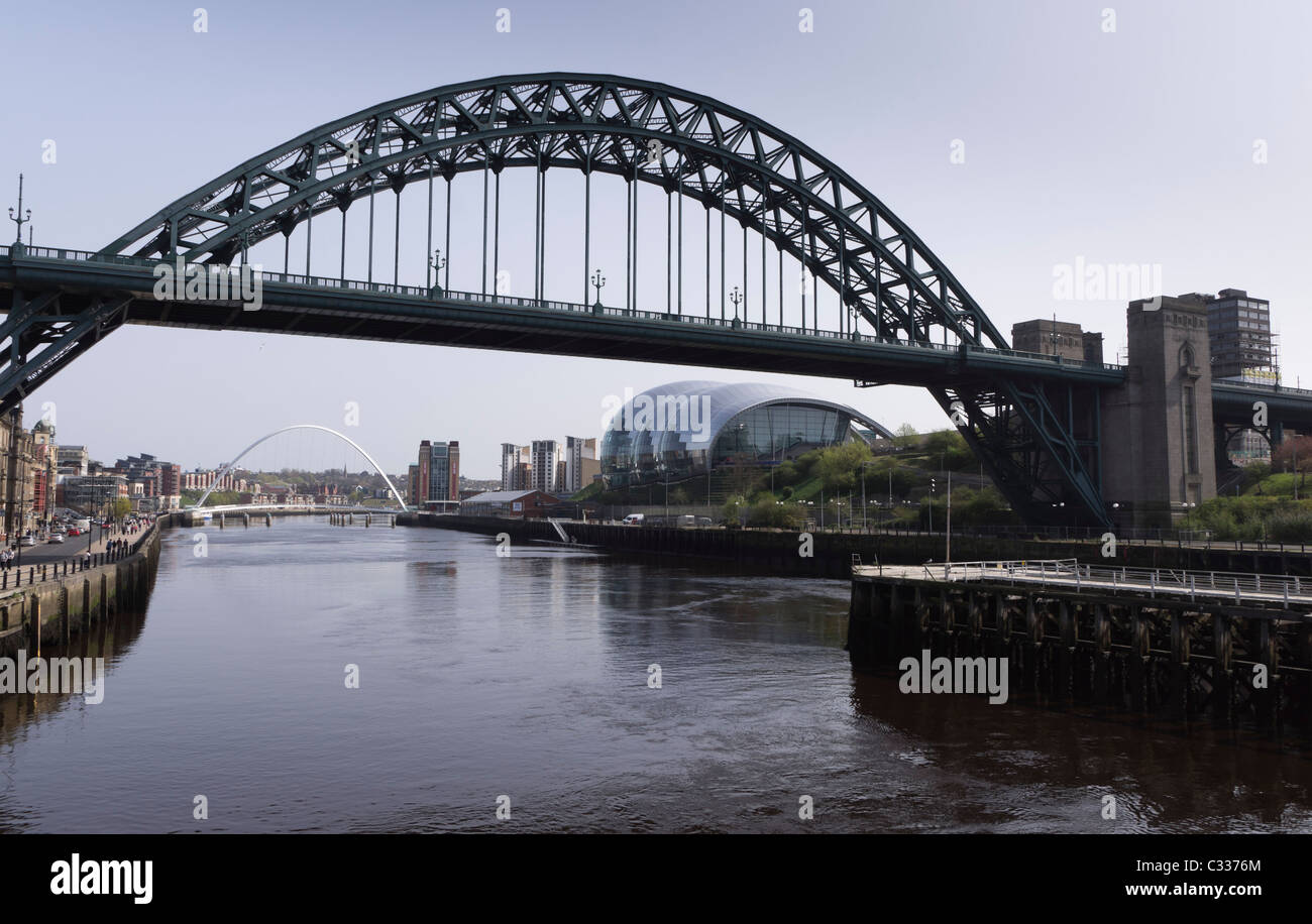 Gateshead Quays on the River Tyne - High Level Bridge with Sage, Baltic and Millennium bridge. Stock Photo