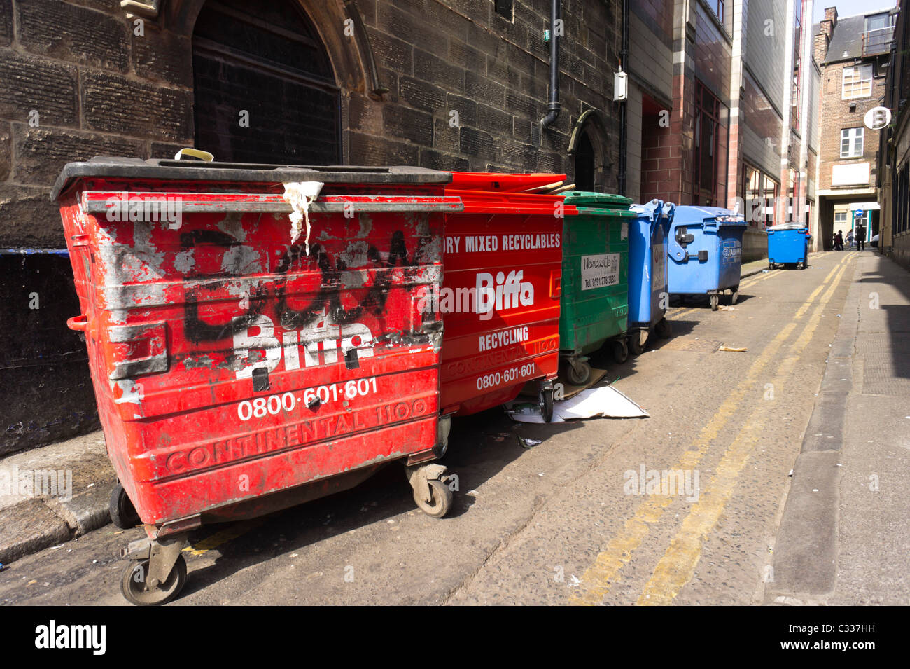 NewcastleuponTyne city centre big waste recyling bins line an